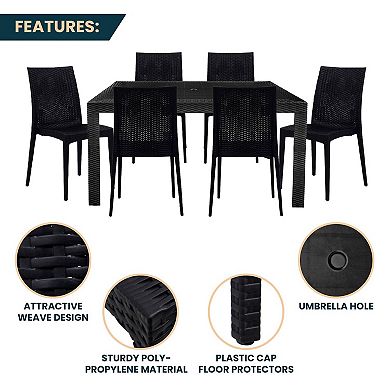 Leisuremod Mace 7-piece Outdoor Dining Set With Rectangular Table And Stackable Chairs