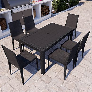 Leisuremod Mace 7-piece Outdoor Dining Set With Rectangular Table And Stackable Chairs