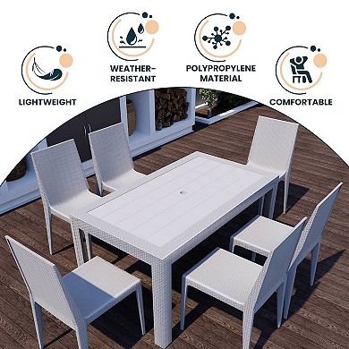 Leisuremod Mace 7-piece Outdoor Dining Set With Rectangular Table And Stackable Chairs