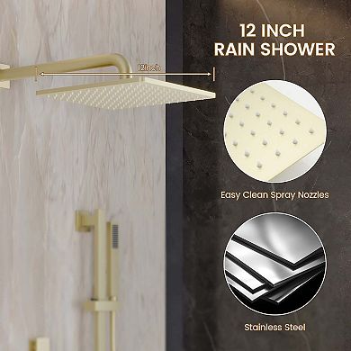 4-Function 12" Thermostatic Complete Rainfall Shower System with Tub Spout, Body Jets and Slide Bar