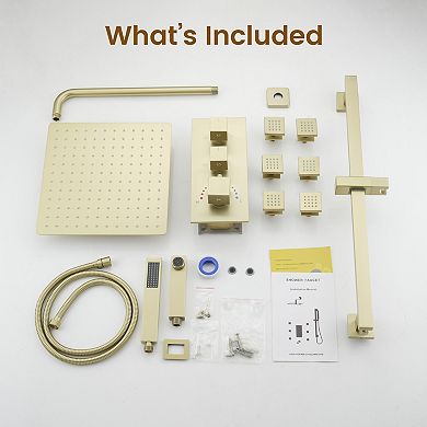 4-Function 12" Thermostatic Complete Rainfall Shower System with Tub Spout, Body Jets and Slide Bar