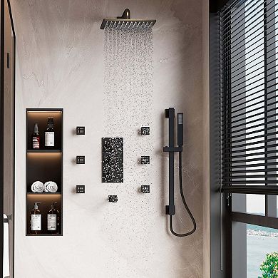 4-Function 12" Thermostatic Complete Rainfall Shower System with Tub Spout, Body Jets and Slide Bar