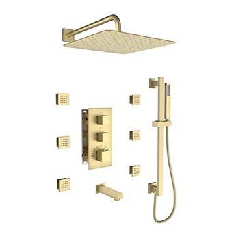 4-Function 12" Thermostatic Complete Rainfall Shower System with Tub Spout, Body Jets and Slide Bar