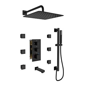 4-Function 12" Thermostatic Complete Rainfall Shower System with Tub Spout, Body Jets and Slide Bar