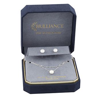 Brilliance Fine Silver Plated Freshwater Cultured Pearl & Cubic Zirconia Pendant Necklace & Earring Set