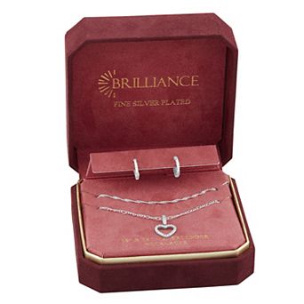 Brilliance Pave Cubic Zirconia Hoop Earring & Heart Pendant Necklace Set