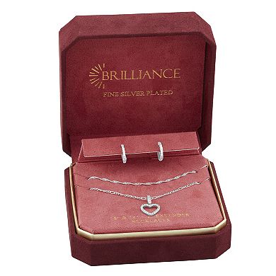 Brilliance Pave Cubic Zirconia Hoop Earring & Heart Pendant Necklace Set