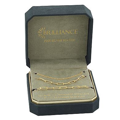 Brilliance Fine Silver Plated Figaro & Textured Paperclip Link Necklace & Bracelet Set