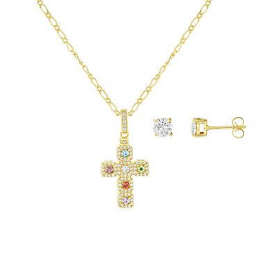 Brilliance Silver-Plated Cubic Zirconia & Crystal Cross Pendant Necklace & Earring Set