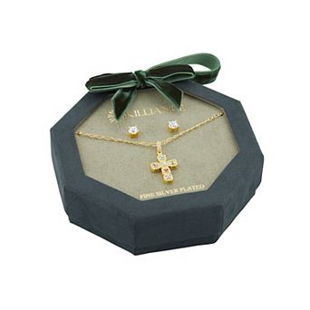 Brilliance Silver-Plated Cubic Zirconia & Crystal Cross Pendant Necklace & Earring Set