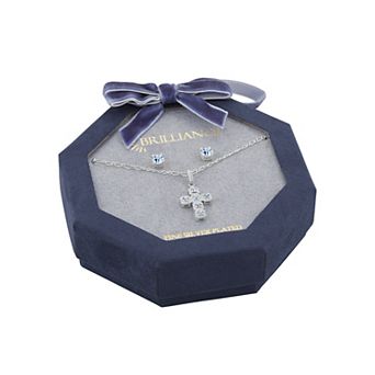 Brilliance Silver-Plated Cubic Zirconia & Crystal Cross Pendant Necklace & Earring Set