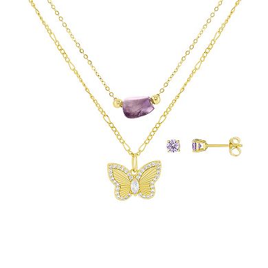 Brilliance Cubic Zirconia Stud Earring & Butterfly Charm Necklace Set