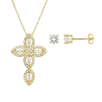 Brilliance Cubic Zirconia Stud Earrings & Cross Pendant Necklace Set in Ornament Gift Box