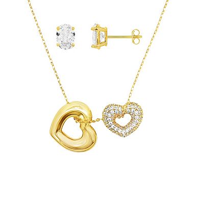 Brilliance Cubic Zirconia Stud Earrings & Double Heart Necklace Set in Ornament Gift Box