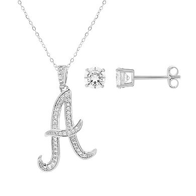 Brilliance Cubic Zirconia Stud Earrings & Initial Pendant Necklace Set