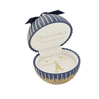 Brilliance Cubic Zirconia Stud Earrings & Initial Pendant Necklace Set in Ornament Gift Box