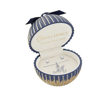 Brilliance Cubic Zirconia Stud Earrings & Initial Pendant Necklace Set in Ornament Gift Box