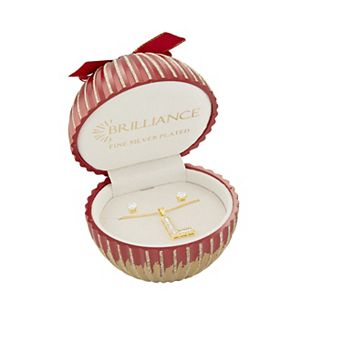 Brilliance Cubic Zirconia Stud Earrings & Initial Pendant Necklace Set in Ornament Gift Box
