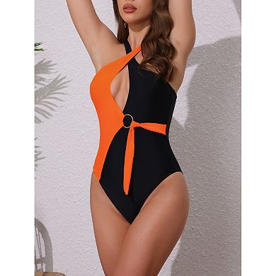 Women's Criss Cross Color Block Monokini Bikini Set, 1 Piece O Ring Side Tie Strappy Swimwear