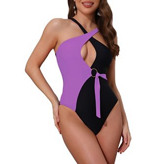 Women's Criss Cross Color Block Monokini Bikini Set, 1 pc O Ring Side Tie Strappy Swimwear