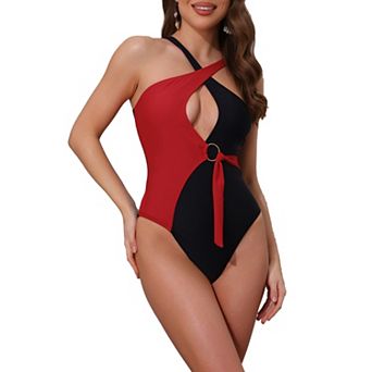 Women's Criss Cross Color Block Monokini Bikini Set, 1 pc O Ring Side Tie Strappy Swimwear