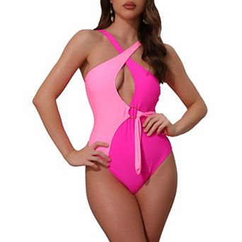 Women's Criss Cross Color Block Monokini Bikini Set, 1 pc O Ring Side Tie Strappy Swimwear