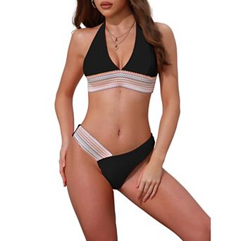Women's Color Block Wavy Stripes Bikini Sets, 2 pc Halter Top V Shaped Bottom Swimwear Bathing Suits