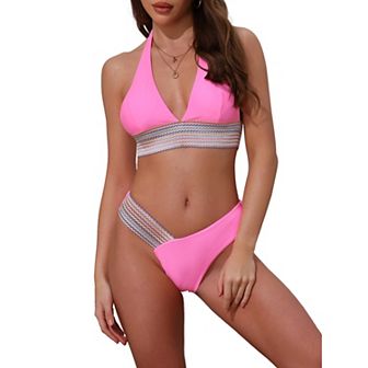 Women's Color Block Wavy Stripes Bikini Sets, 2 pc Halter Top V Shaped Bottom Swimwear Bathing Suits