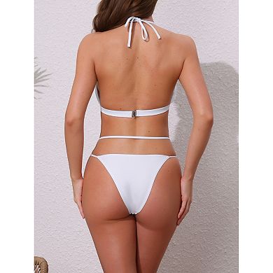 Women's Heart Rhinestones Chain Linked Bikini Sets, 2 Piece Halter Top Triangle Bottoms Swimwear