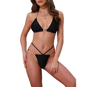 Women's Heart Rhinestones Chain Linked Bikini Sets, 2 pc Halter Top Triangle Bottoms Swimwear