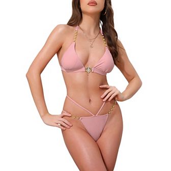 Women's Heart Rhinestones Chain Linked Bikini Sets, 2 pc Halter Top Triangle Bottoms Swimwear