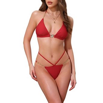 Women's Heart Rhinestones Chain Linked Bikini Sets, 2 pc Halter Top Triangle Bottoms Swimwear
