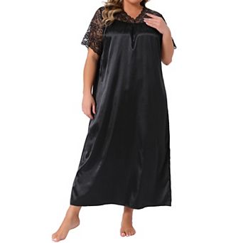 Plus Size Silk Nightgown for Women Lace Short Sleeve Chemise V Neck Soft Satin Maxi Sleepwear