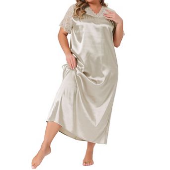 Plus Size Silk Nightgown for Women Lace Short Sleeve Chemise V Neck Soft Satin Maxi Sleepwear