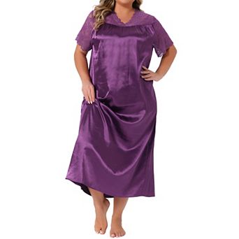 Plus Size Silk Nightgown for Women Lace Short Sleeve Chemise V Neck Soft Satin Maxi Sleepwear