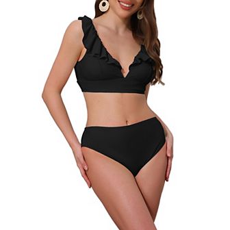 Women's Ruffle Trim V Neck Wide Strap Bikini Sets, 2 pc Drawstring Tie Back Top Triangle Bottom