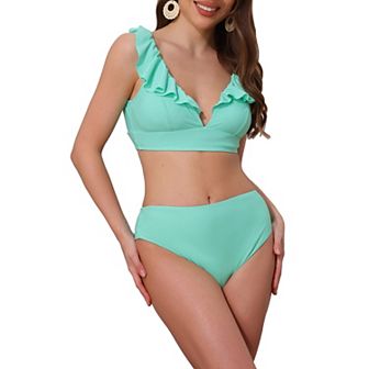Women's Ruffle Trim V Neck Wide Strap Bikini Sets, 2 pc Drawstring Tie Back Top Triangle Bottom