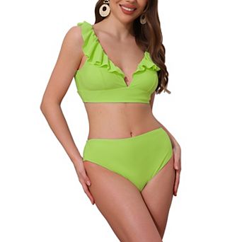 Women's Ruffle Trim V Neck Wide Strap Bikini Sets, 2 pc Drawstring Tie Back Top Triangle Bottom