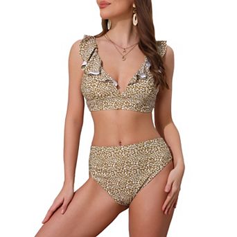 Women's Ruffle Trim V Neck Wide Strap Bikini Sets, 2 pc Drawstring Tie Back Top Triangle Bottom