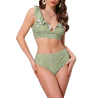 Women's Ruffle Trim V Neck Wide Strap Bikini Sets, 2 pc Drawstring Tie Back Top Triangle Bottom
