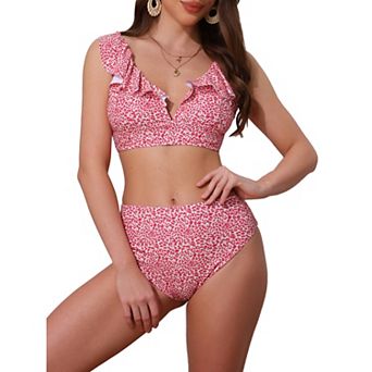 Women's Ruffle Trim V Neck Wide Strap Bikini Sets, 2 pc Drawstring Tie Back Top Triangle Bottom