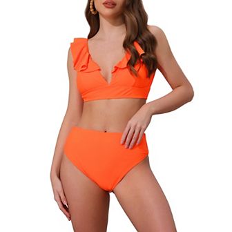 Women's Ruffle Trim V Neck Wide Strap Bikini Sets, 2 pc Drawstring Tie Back Top Triangle Bottom