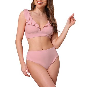 Women's Ruffle Trim V Neck Wide Strap Bikini Sets, 2 pc Drawstring Tie Back Top Triangle Bottom
