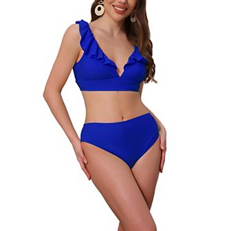 Women's Ruffle Trim V Neck Wide Strap Bikini Sets, 2 pc Drawstring Tie Back Top Triangle Bottom