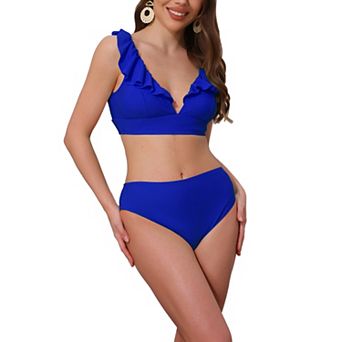 Women's Ruffle Trim V Neck Wide Strap Bikini Sets, 2 pc Drawstring Tie Back Top Triangle Bottom