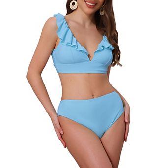 Women's Ruffle Trim V Neck Wide Strap Bikini Sets, 2 pc Drawstring Tie Back Top Triangle Bottom