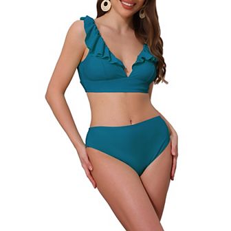 Women's Ruffle Trim V Neck Wide Strap Bikini Sets, 2 pc Drawstring Tie Back Top Triangle Bottom