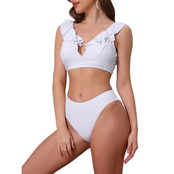 Women's Ruffle Trim V Neck Wide Strap Bikini Sets, 2 pc Drawstring Tie Back Top Triangle Bottom