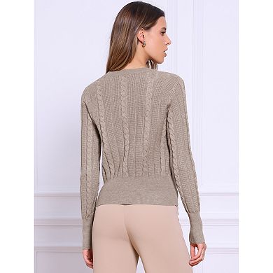 Cable Knit Sweater for Women's Crew Neck Long Sleeve Tops Knitted Crop Sweaters
