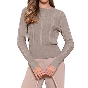 Cable Knit Sweater for Women's Crew Neck Long Sleeve Tops Knitted Crop Sweaters